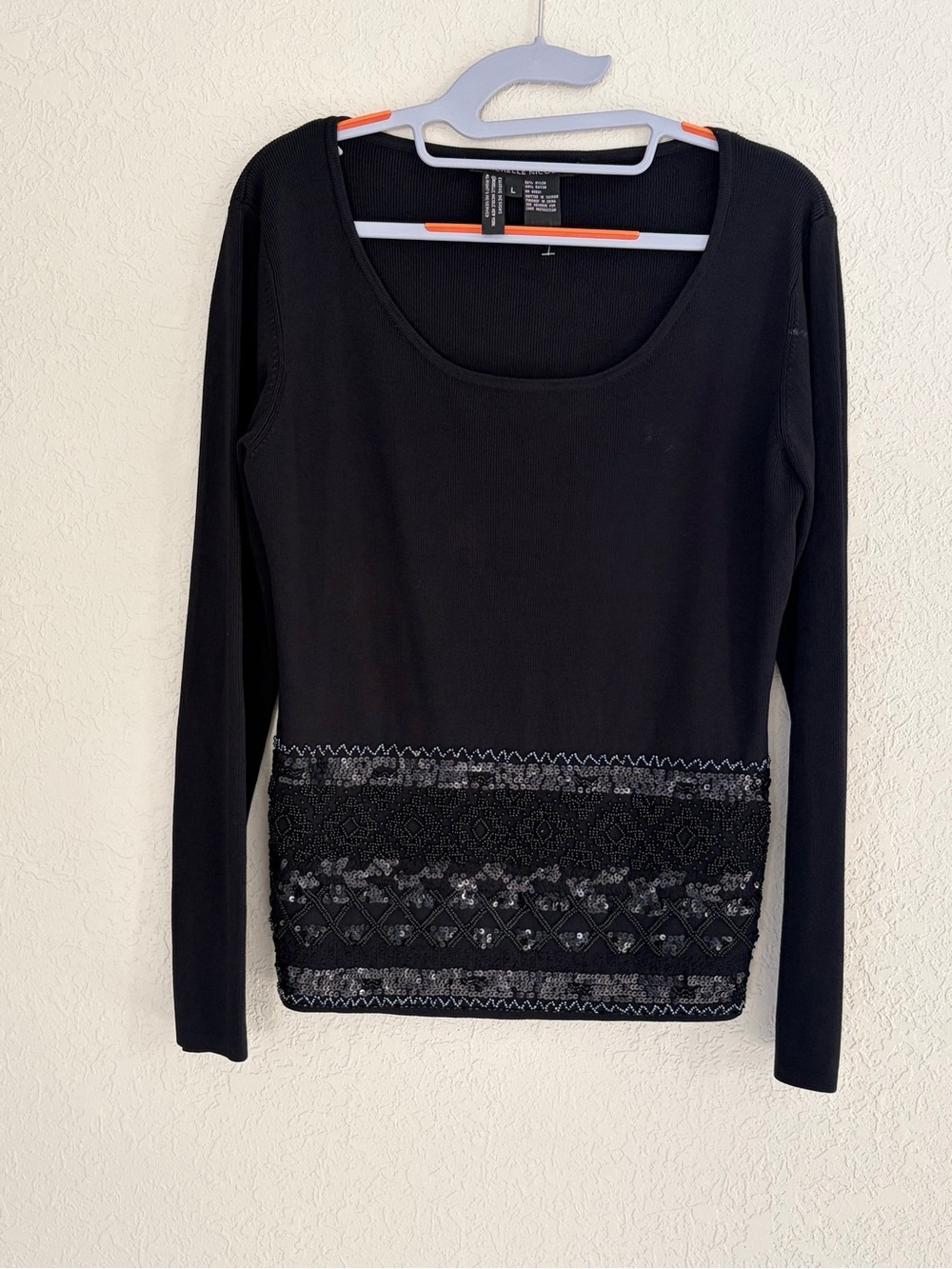 Michelle Nicole Women’s Scoop Neck  Knitted Top Black Large Beads & Sequins